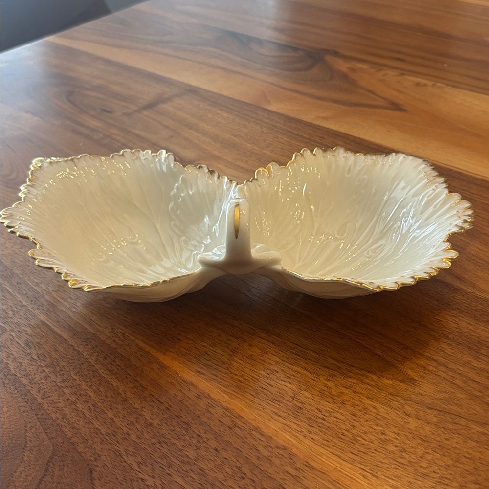 Lenox Double Leaf Leaves Cream Gold Candy Trinket Catch All Dish Made in USA - Picture 4 of 9